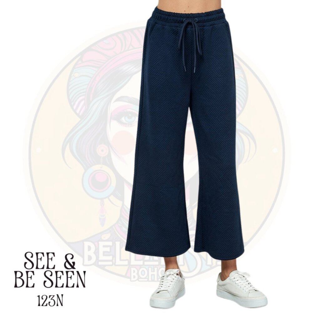 123N SEE & BE SEEN Navy Textured Cropped Stretch Wide Leg Pants